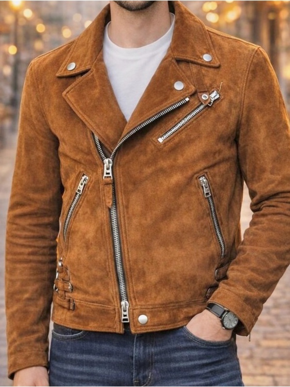 H&M Men's Brown Suede Biker Jacket